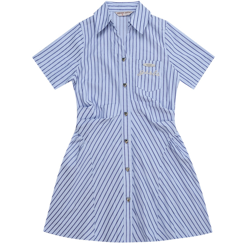 Slim Fit Blue Stripe Shirt Dress - Polo Collar