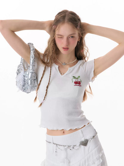 Cherry Embroidered Chain T-shirt | Mushroom Puff Sleeve V-neck Design for Summer