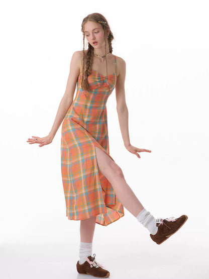 Orange Checkered Dress | Slim Fit American Retro Strap Design