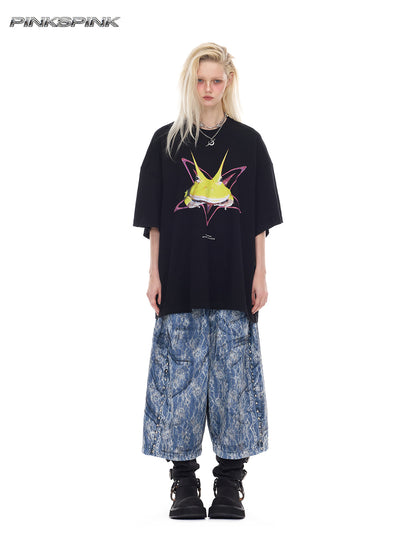 Studded Lace-Coated Distressed Y2K Unisex Denim Shorts