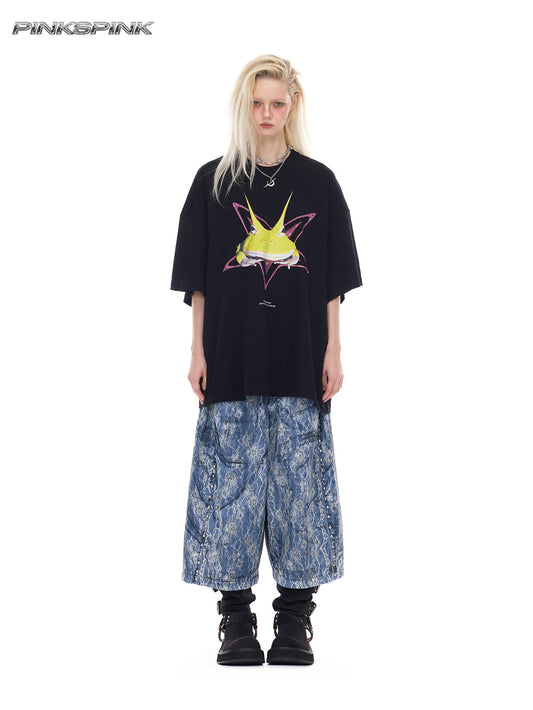 Studded Lace-Coated Distressed Y2K Unisex Denim Shorts