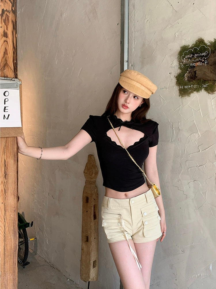 【Pine Moon White Bamboo】 Spicy Girl Short-Sleeve T-Shirt with Chest Padding