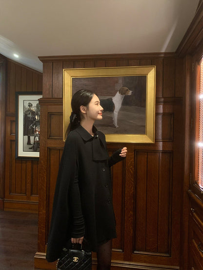 Rich Daughter’s Cashmere Coat – Elegant Black Woolen Shawl Cape