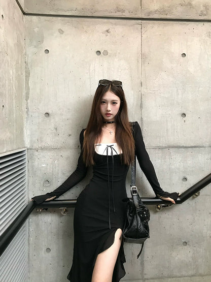 [Mermaid Sister] Black Sexy Hip-Hugging Strap Long Dress