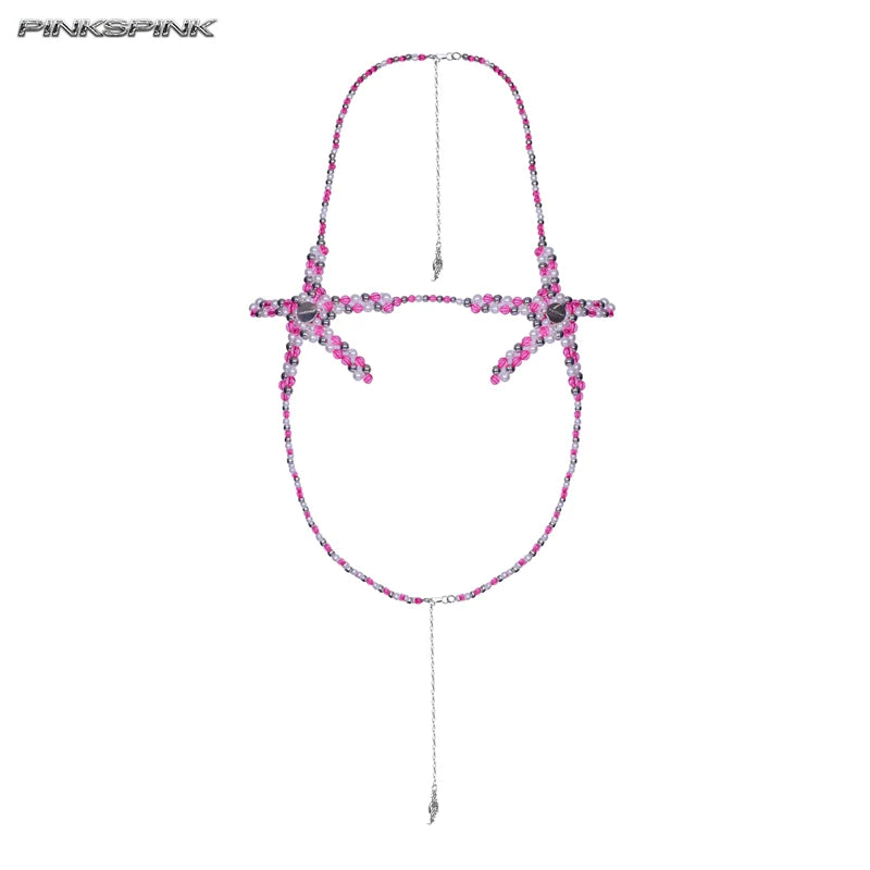 Pentagram Pink Beaded Strapless Top – Electro-Plated Y2K Hot Girl Style