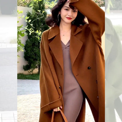 Green Reversible Cashmere Coat – Hepburn-Inspired Midi Lapel Jacket