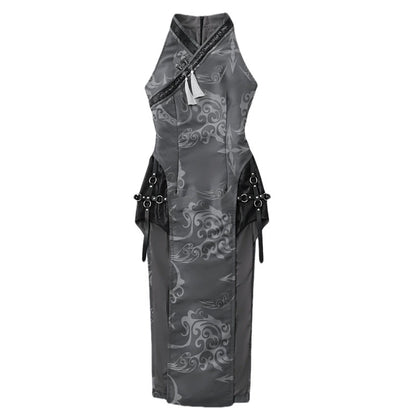 Dark Embroidered Split Qipao Dress