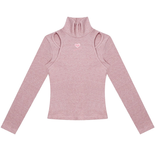 Heart Embroidered High Neck Sweater | Slim Fit Hollow Knit for Autumn/Winter