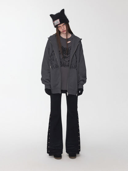 Cat Print Double-Zip Sweatshirt