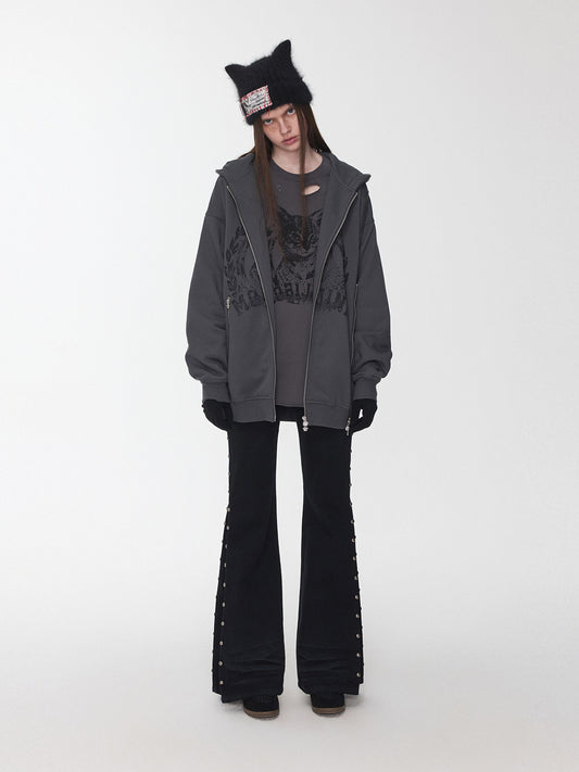 Cat Print Double-Zip Sweatshirt