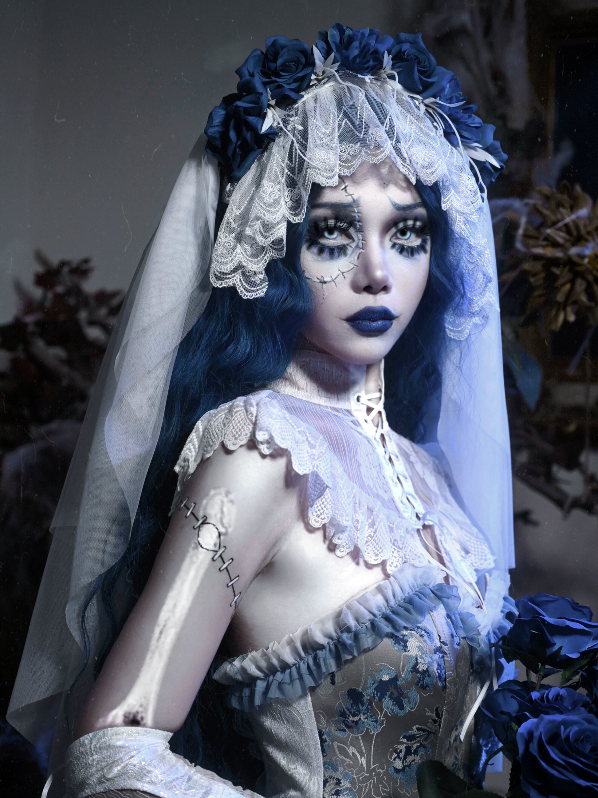 ゾンビブライドヘッドドレス|白バラとシフォンのゴシック花嫁 ゾンビブライドヘッドドレス|白バラとシフォンのゴシック花嫁