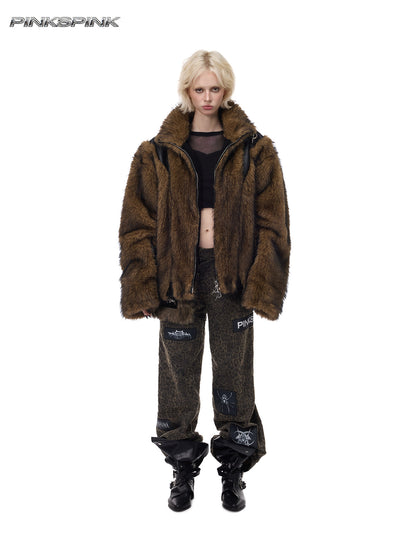Electric Moon 3D Patchwork Loose Y2K Fur Coat