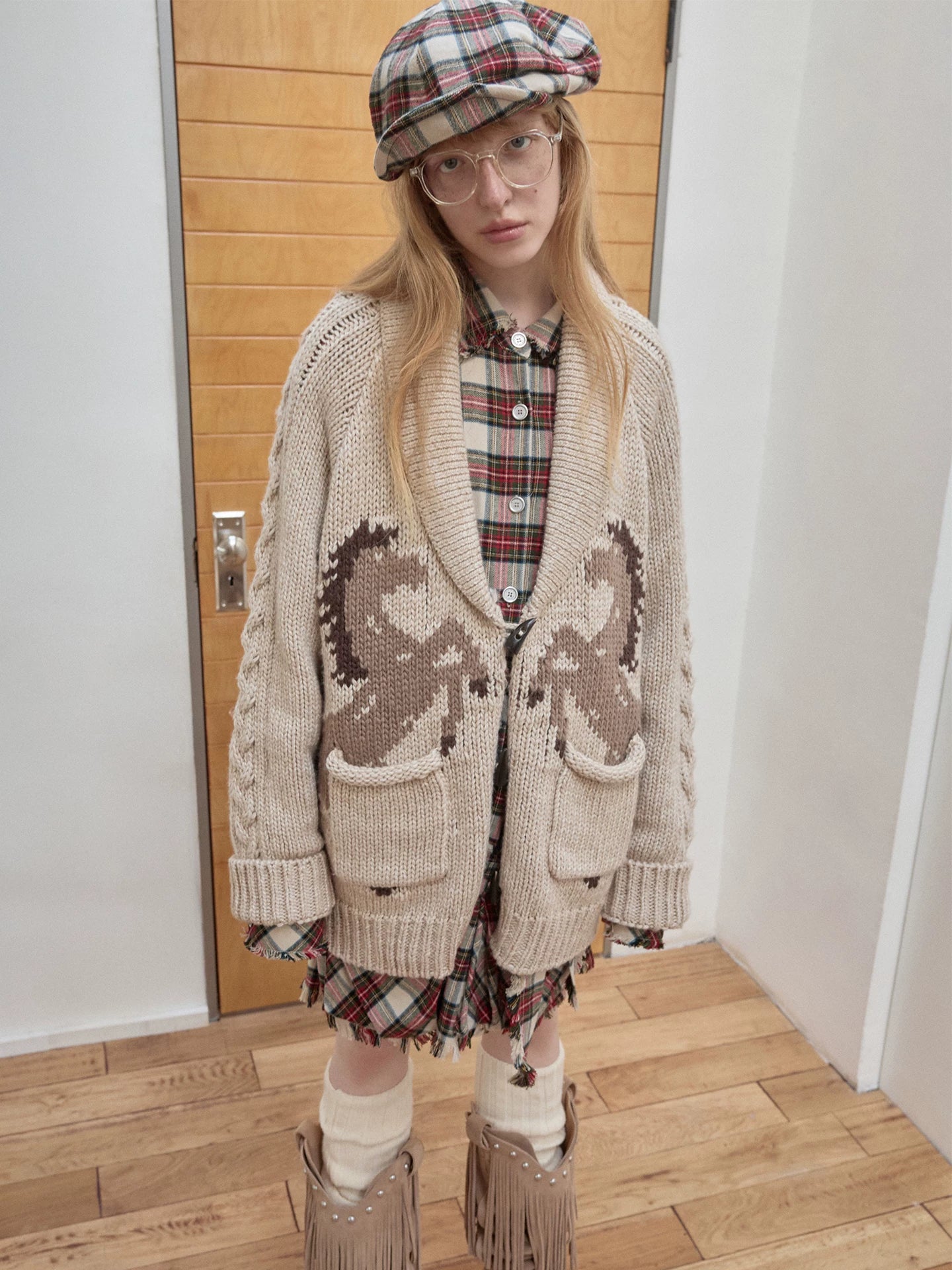 Retro British style two-tone plaid newsboy cap for women, literary and versatile, face-flattering beret