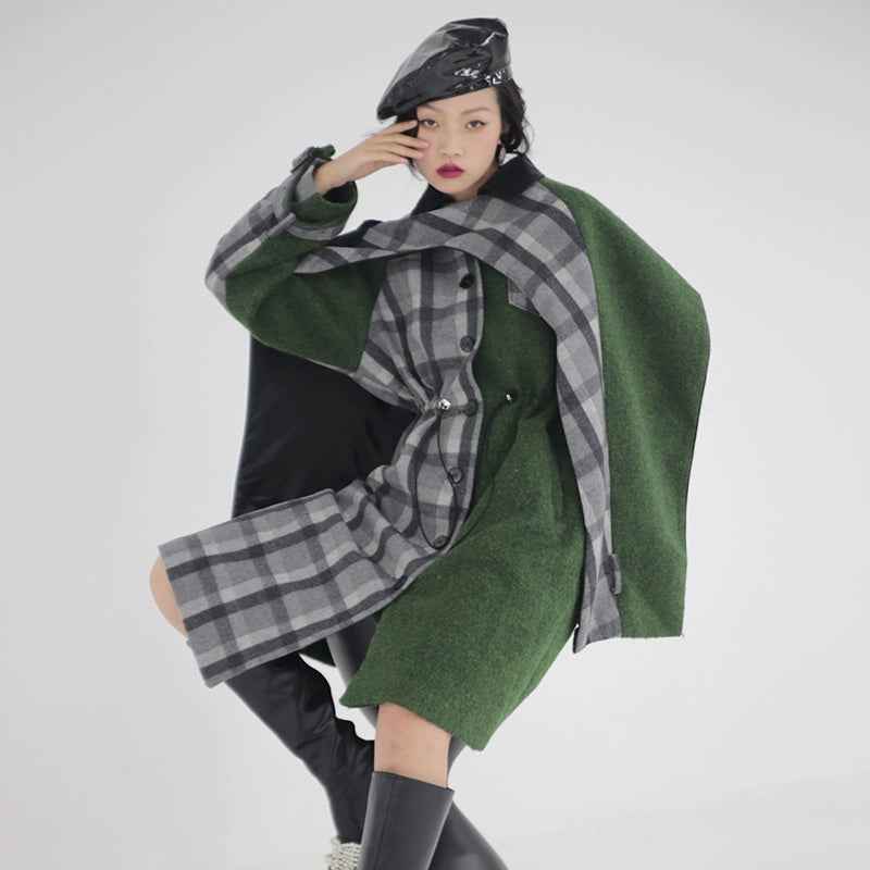 Moss Green Plaid Detachable Cape Coat D426