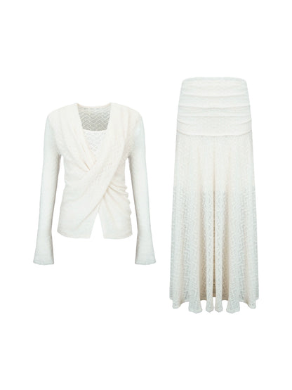 French Retro Lace Cross-Neck Top & High-Waisted Skirt Set – Autumn Style