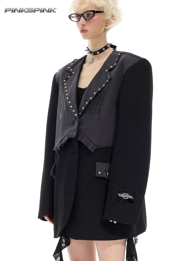 Black & Grey Studded Distressed Unisex Rock Suit Set