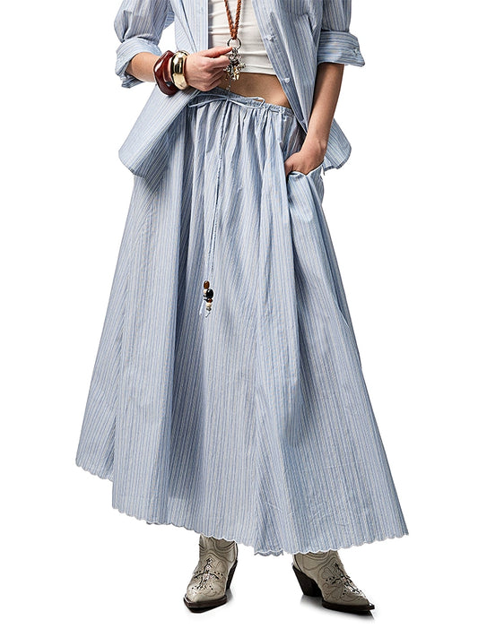 Striped Cotton Resort Skirt with Beaded Straps – Loose Swing A-Line Design