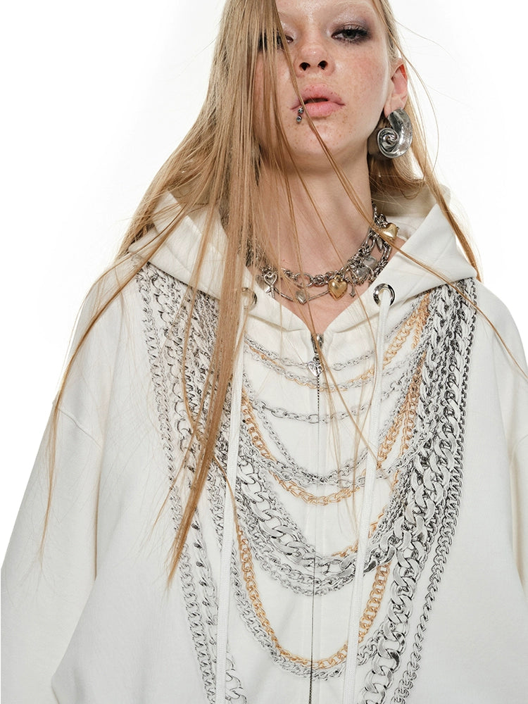 Oversized Chain Print Sweatshirt Cardigan – Heavyweight Slouchy Top