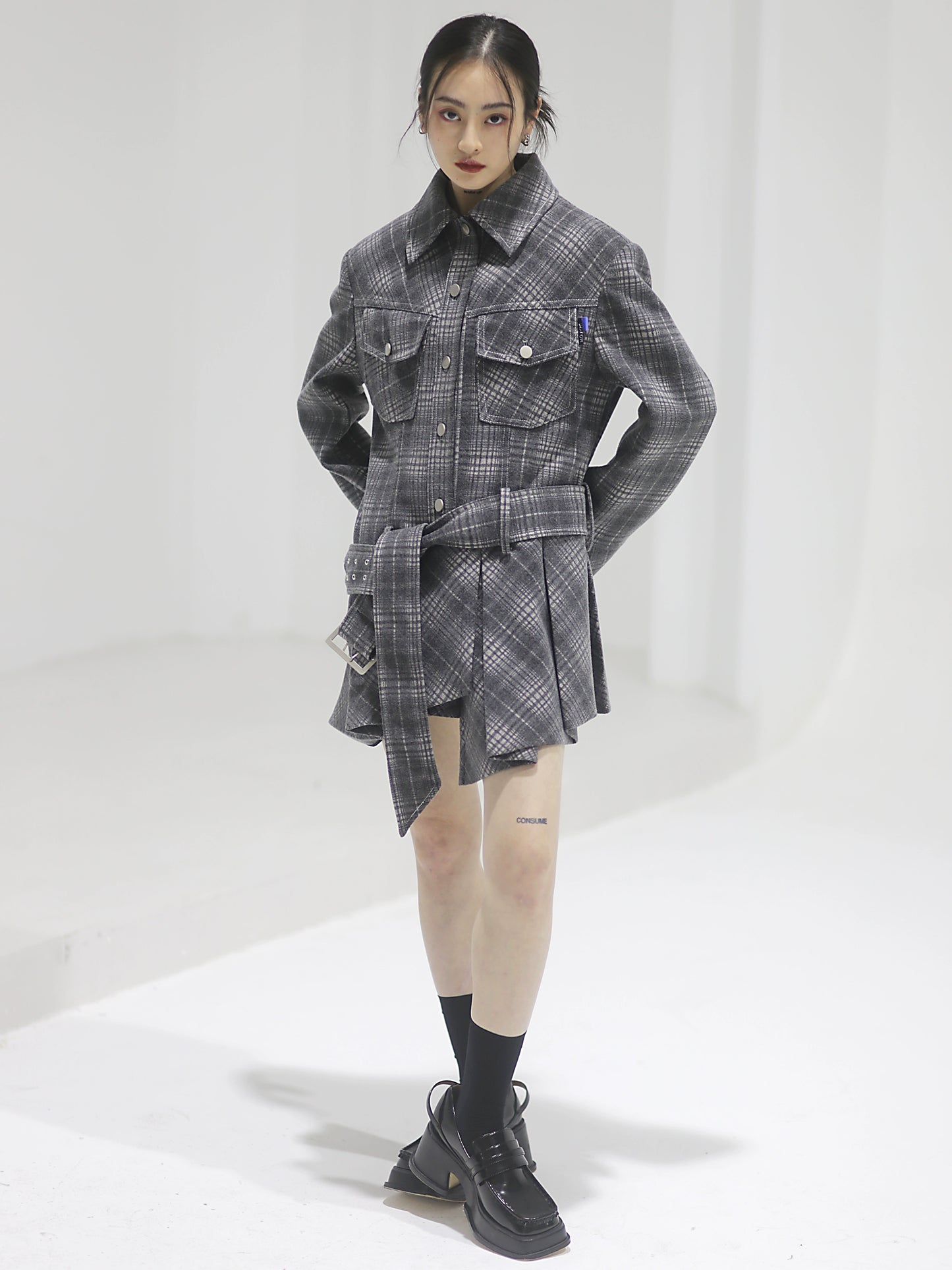 Pleated Skirt Plaid Woolen Work Jacket