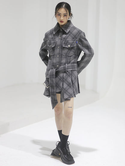 Pleated Skirt Plaid Woolen Work Jacket