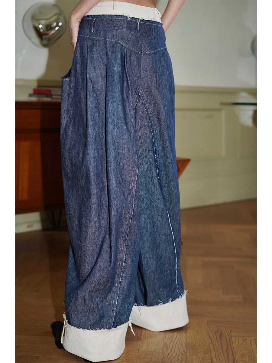 Blue Linen Wide Leg Pants