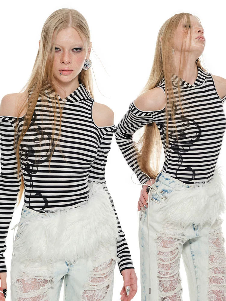 Striped Hoodie Base Layer with Cat Ears – Slim Fit Off-Shoulder Design