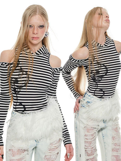 Striped Hoodie Base Layer with Cat Ears – Slim Fit Off-Shoulder Design