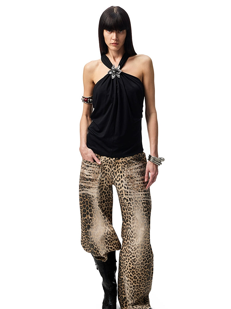 Shirred Neck Halterneck Sleeveless Top – Acetate Camisole with Buttons