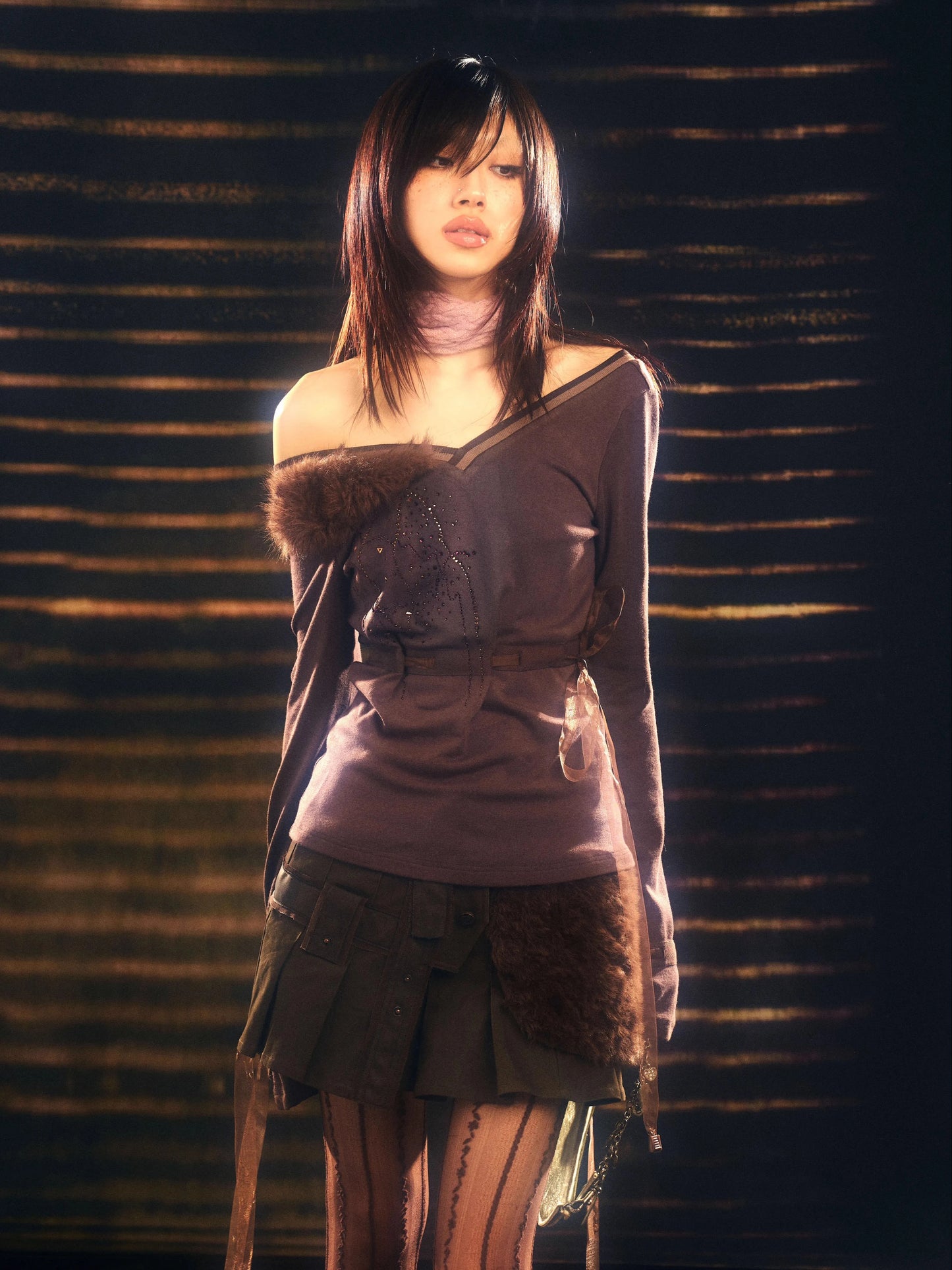 Fur-Collar Knit Long Sleeve Top – Soft Slim Style