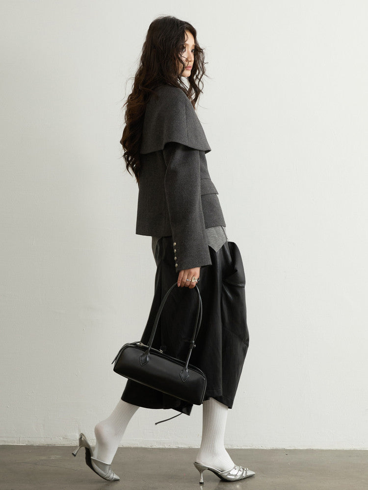 Detachable Cape Wool Short Coat | Elegant Dark Gray Winter Jacket