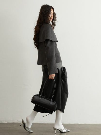 Detachable Cape Wool Short Coat | Elegant Dark Gray Winter Jacket