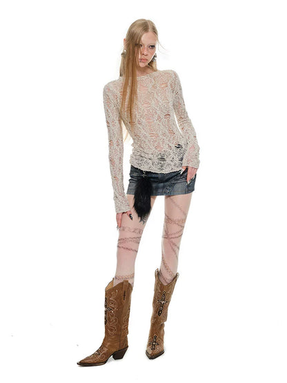 Cutout Sheer Knit Shirt – Lightweight Slim Fit Long Sleeve Top