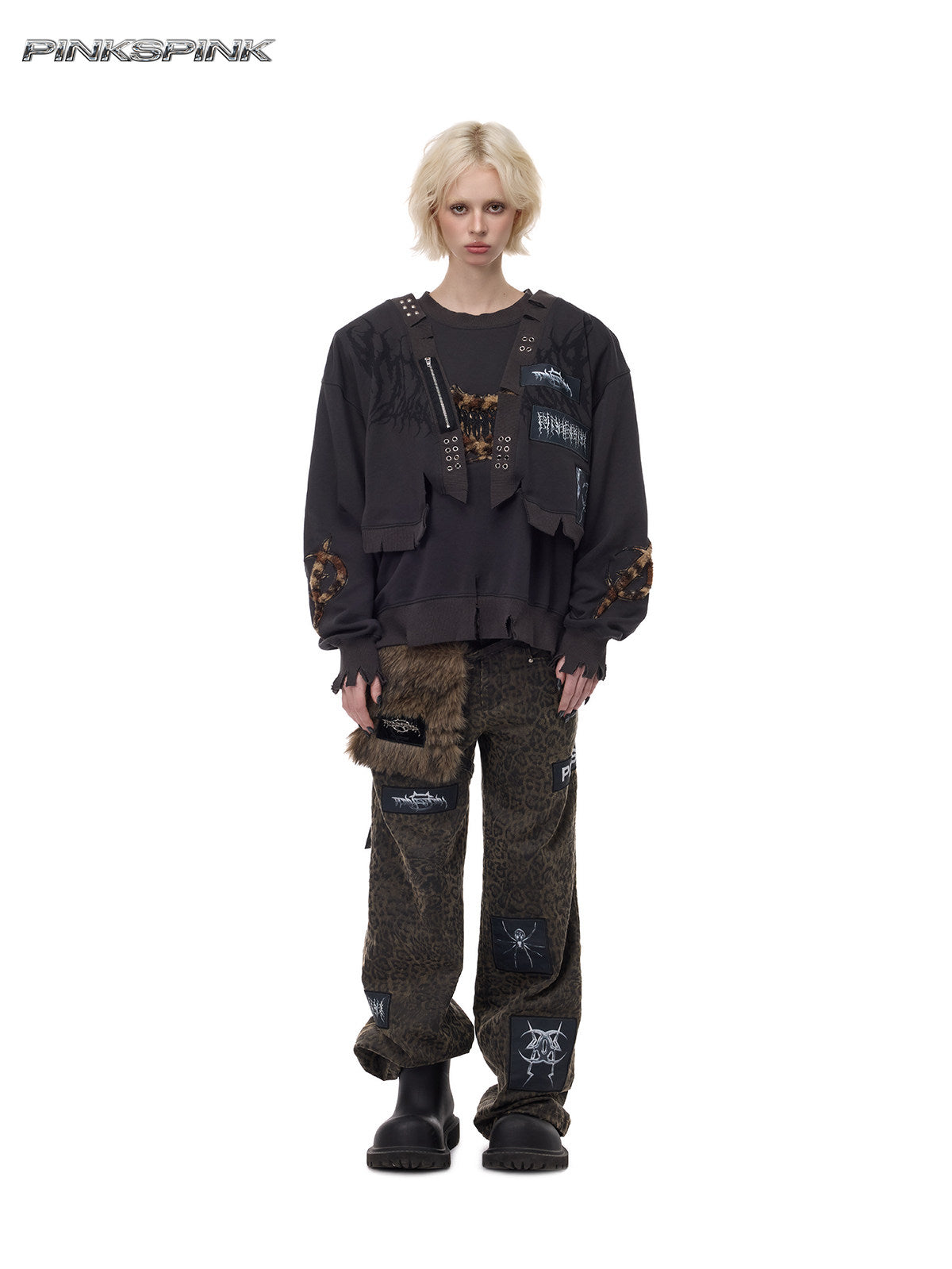 Heavyweight Thorn Leopard Heart Embroidered Punk Y2K Sweatshirt