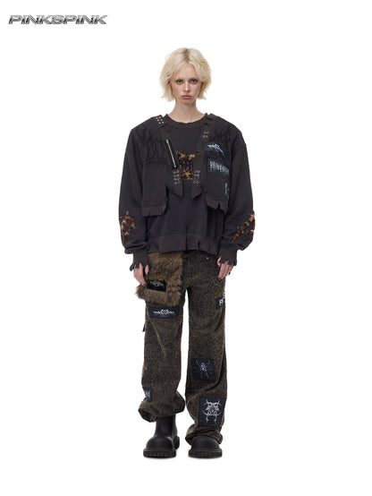 Heavyweight Thorn Leopard Heart Embroidered Punk Y2K Sweatshirt