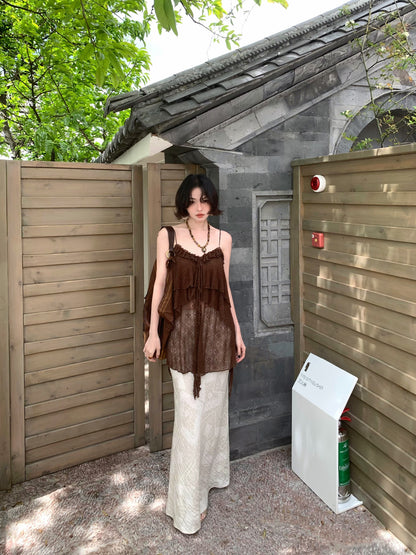 Tan Shi Yu Vintage Brown Tie-Front Camisole