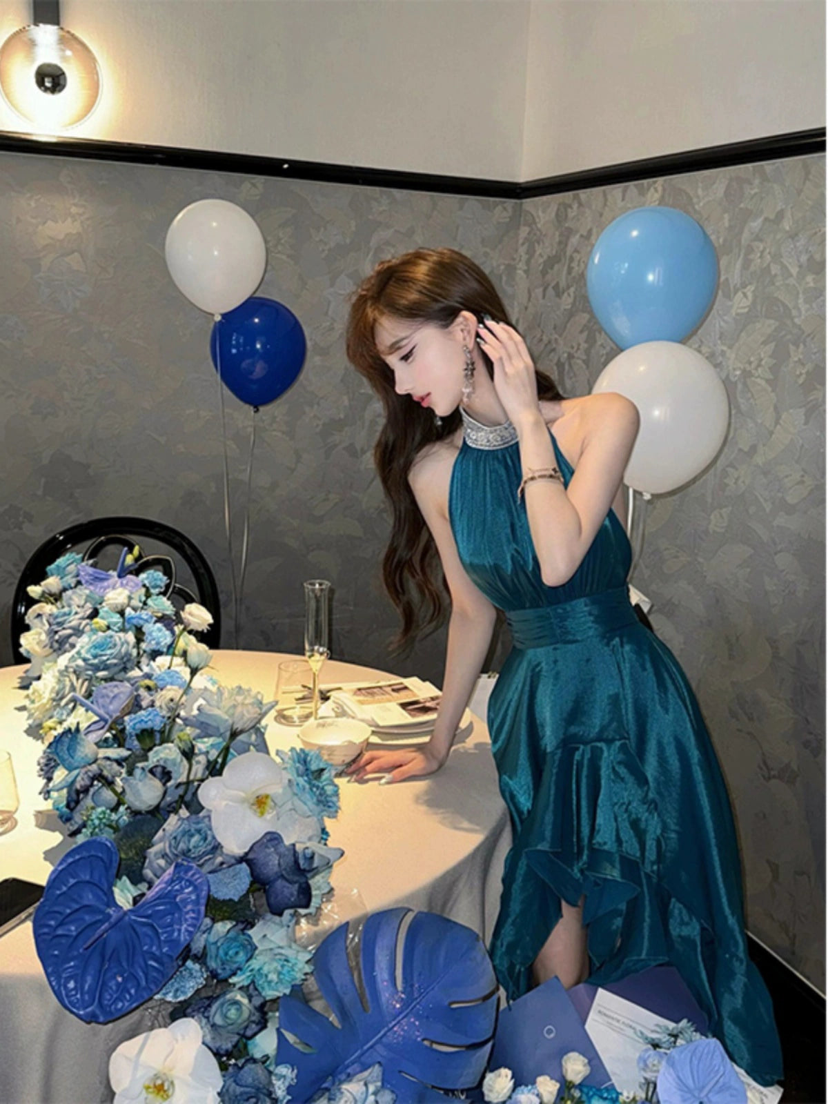 High-End French Blue Dresses – Luxe Autumn-Winter New Year's & Birthday Style