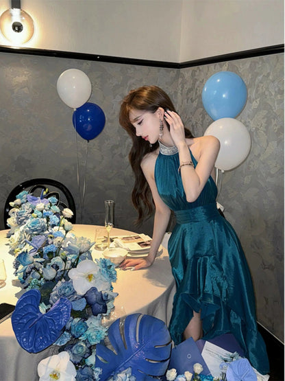 High-End French Blue Dresses – Luxe Autumn-Winter New Year's & Birthday Style