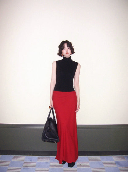 Red Rose High-Waisted Linen Pencil Skirt – Hong Kong Retro Autumn Classic