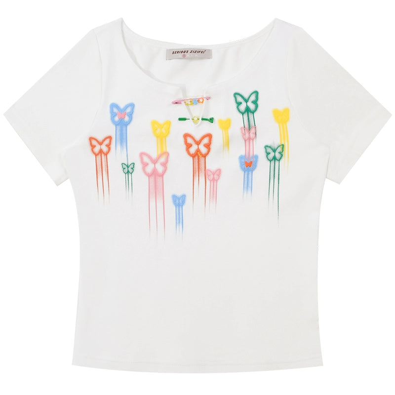 Camiseta de dopamina con estampado de mariposas, corte entallado, estilo retro con hombro derecho para el verano