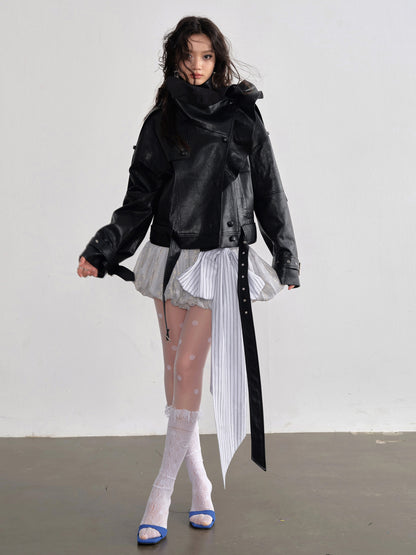 Ruffle Collar Faux Leather Jacket | Chic PU Moto Jacket