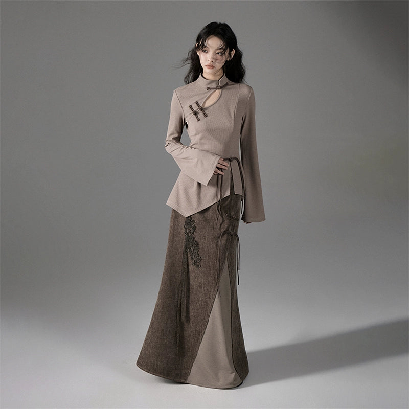 Mist Dyed Iris New Chinese Style Button Top Skirt Set
