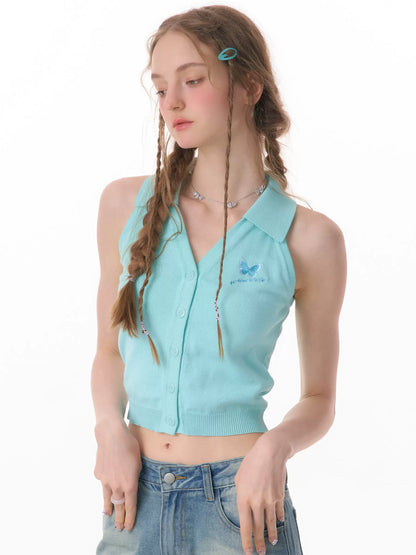 Butterfly Embroidered Wool Tank Top | Knitted Open Collar Design for Summer