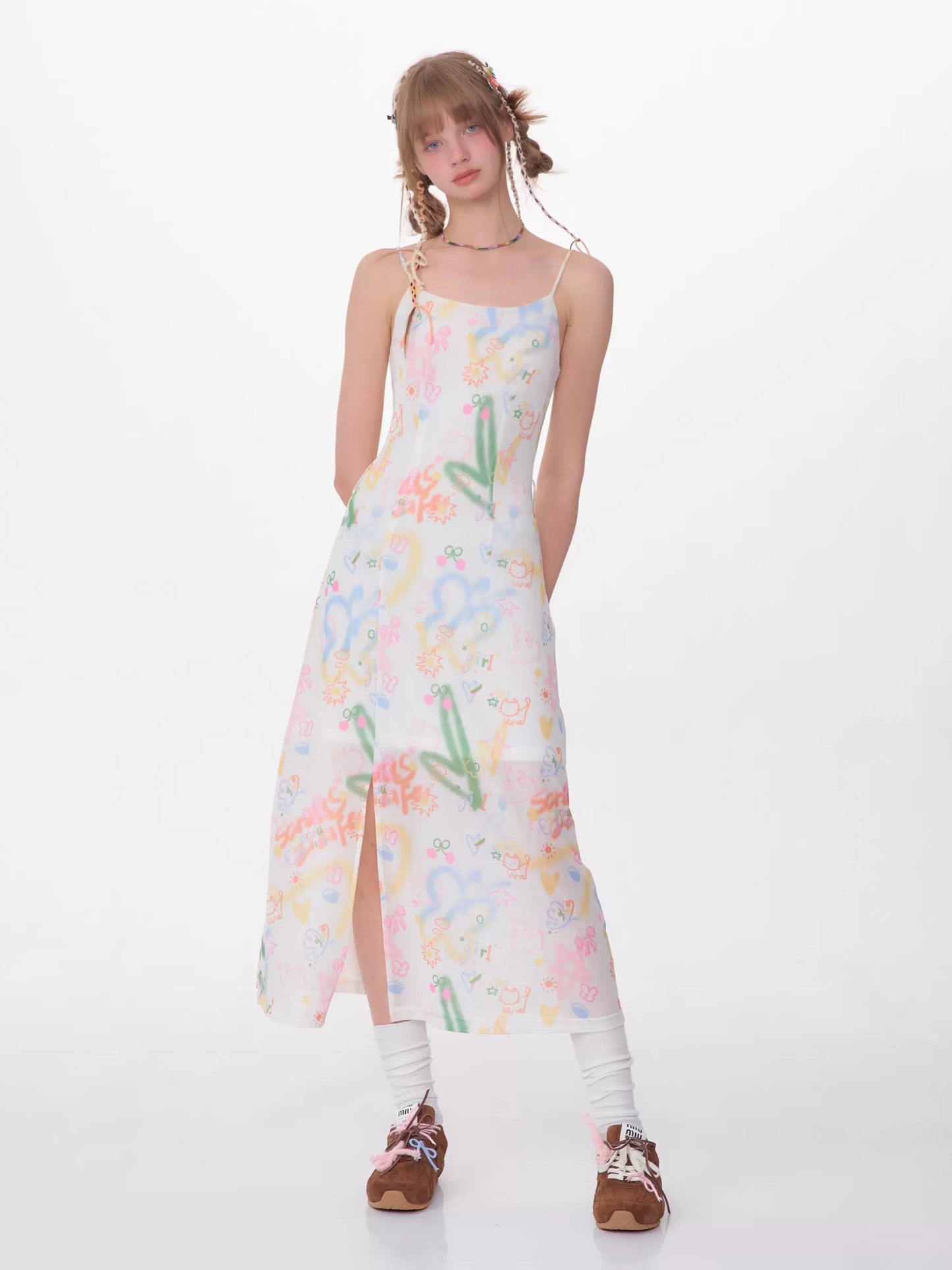 Graffiti Print Strap Dress | Retro Slim Fit Spring/Summer Long Skirt