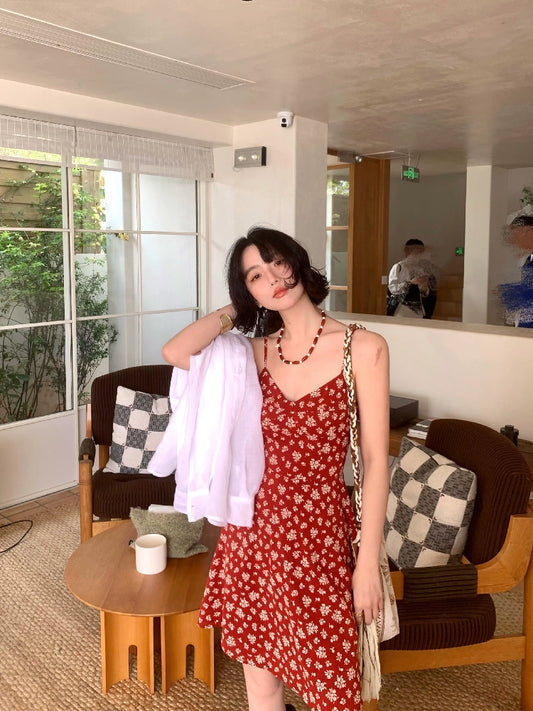 [Vermilion Cherry] French Floral Suspender Mini Dress