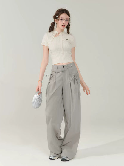 Retro Gray Wide-Leg Pants | High Waist Slim Fit Summer Casual Style