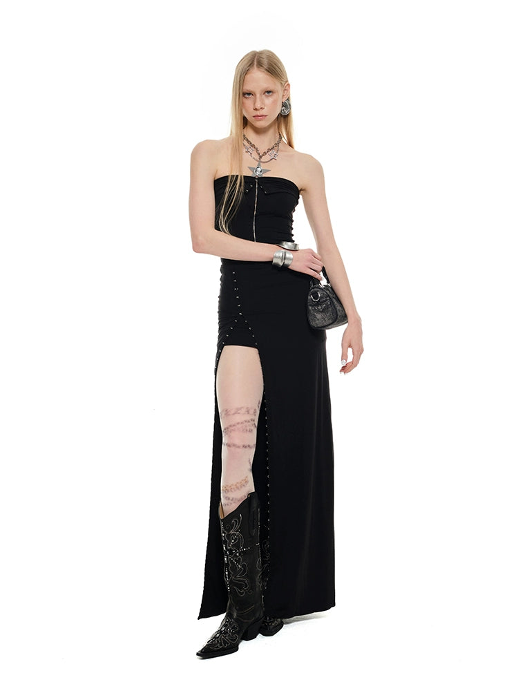 High Slit Hook-Button Bandeau Dress – Sleek & Sexy Evening Look