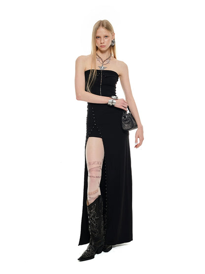 High Slit Hook-Button Bandeau Dress – Sleek & Sexy Evening Look