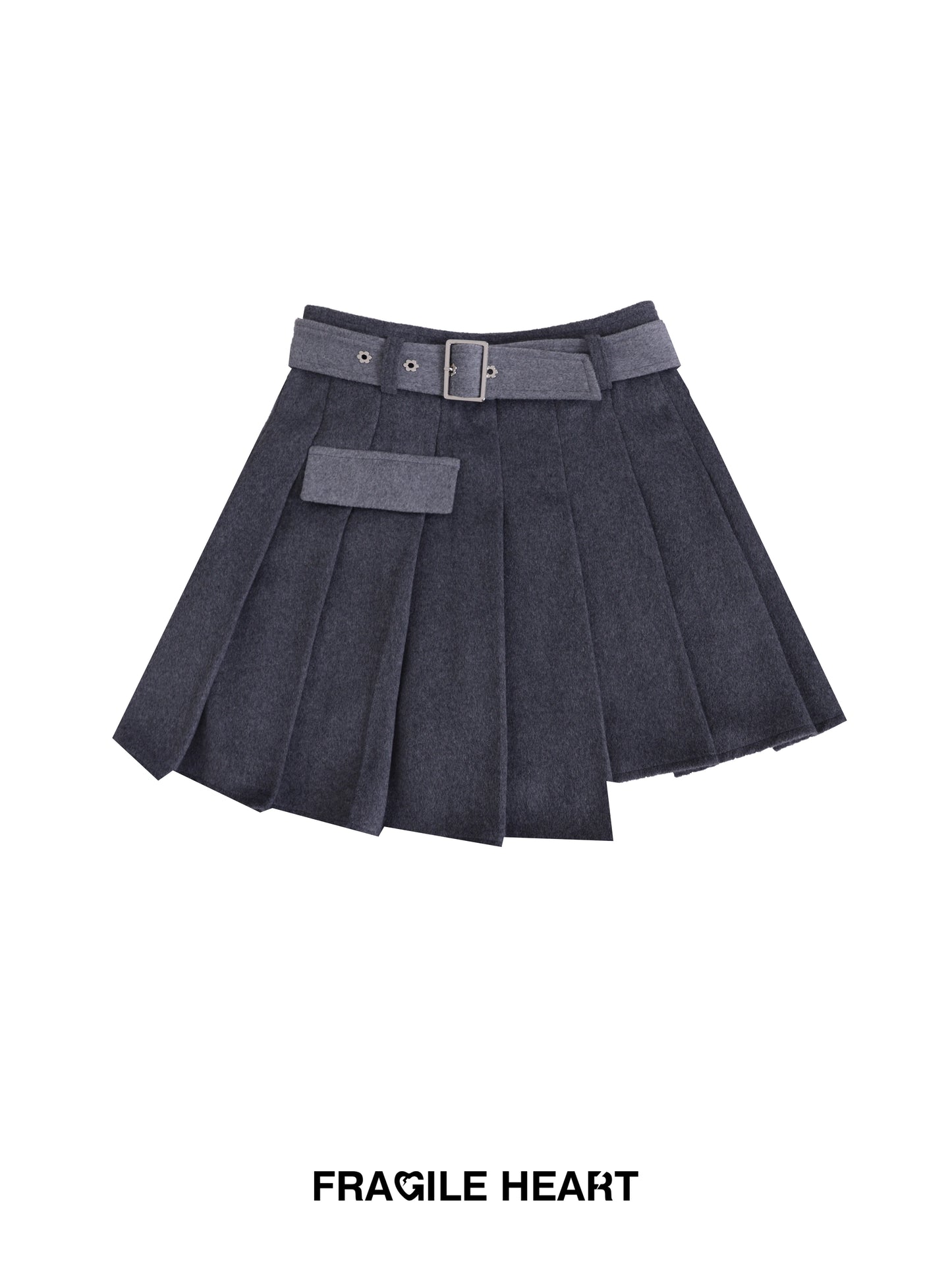 Patchwork Asymmetrical Pleated Gray Woolen Skirt