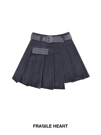 Patchwork Asymmetrical Pleated Gray Woolen Skirt