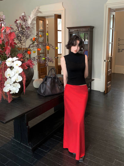 Red Rose High-Waisted Linen Pencil Skirt – Hong Kong Retro Autumn Classic